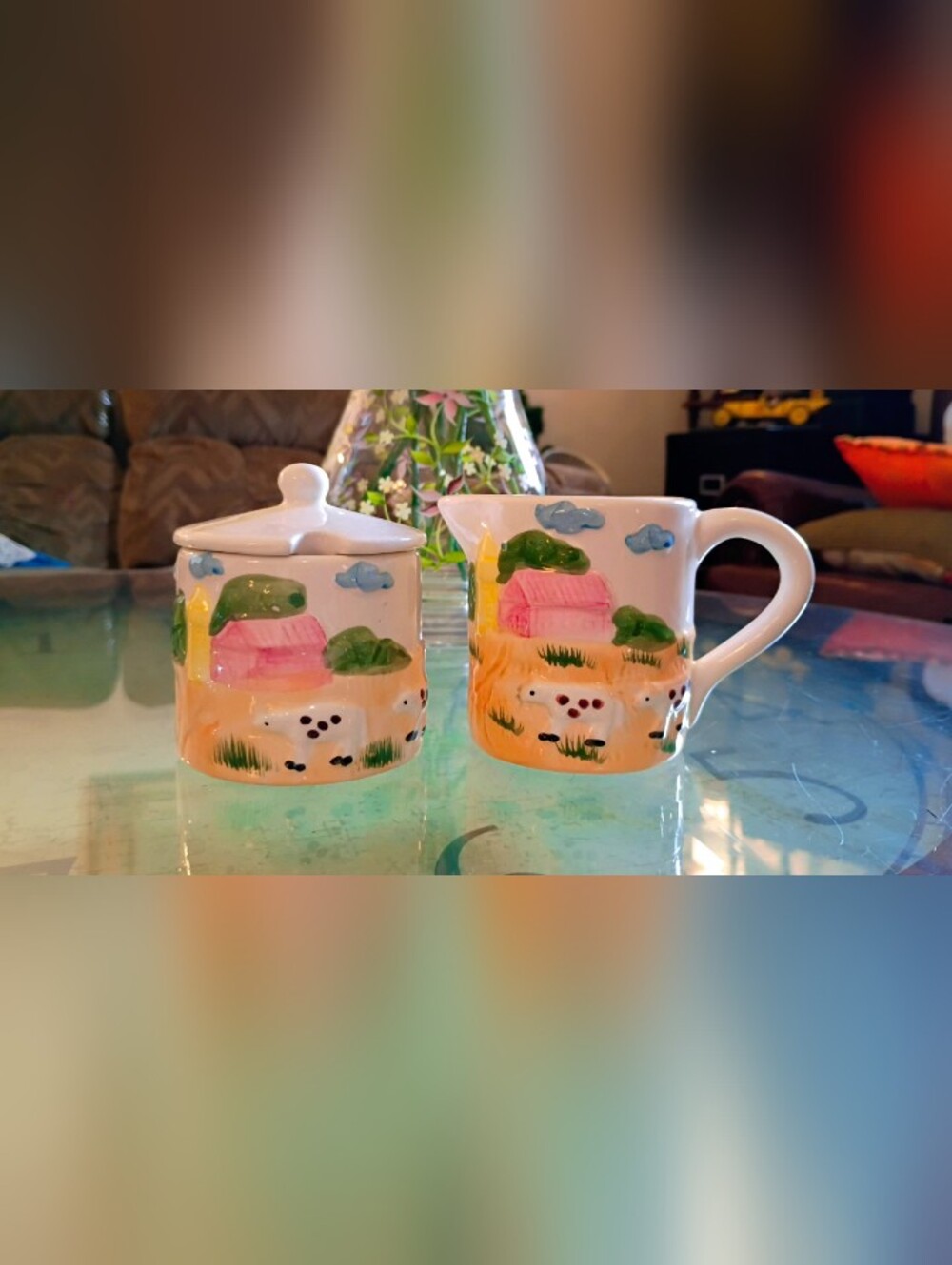 Vintage Ceramic Farmhouse w/Cows Creamer and Sugar Bowl Set